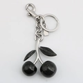Sparkly black cherry keychain accessory with silver metal leaf and spring clasp - Black Large and Small Cherry with Matte Silver