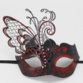 Close-up of black metal butterfly masquerade mask with red glitter and rhinestones - Red Heart Butterfly Mask