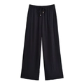 Damenhose mit weitem Bein in Schwarz, Kordelzug am Bund und modischen Holzperlen - XS / Schwarze Hose