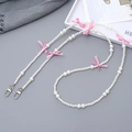 White faux pearl crossbody phone strap with pink checkered bows and silver metal clasps - K3452 Pearl Crossbody Chain Pink Bowknot