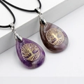 Water-drop amethyst and fluorite pendant necklaces with golden Tree of Life engraving - Amethyst With Black Braided Rope