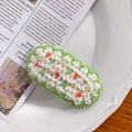 Pince à cheveux tricotée verte avec fleurs au crochet blanches et orange faites à la main - 4-Petits Pois