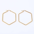 Macro view of gold stainless steel hexagonal geometric hoop earrings on white background - Hexagonal (Gold)