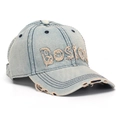 Detail of washed denim baseball cap with Boston embroidery and distressed ripped accents - Washed Light Blue (F)