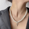Elegant pearl necklace featuring a silver diamond-encrusted cross pendant for women - SY322-Pearl Chain Silver Rhinestone Cross Necklace