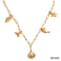 Gold stainless steel paperclip chain necklace with sea shell and starfish charms - Gold Necklace (KD1692)