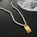 Baroque pearl necklace featuring a gold rectangle tag engraved with Dear Love You - 04-G18 Titanium Steel Square Plate Natural Pearl Necklace LOVE