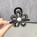 Elegant black mesh hair claw with grey crystal petals and a central pearl accent - Rhinestone Flower / Gray
