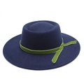 Detail of wool felt fedora with navy blue finish and green velvet ribbon trim - M (56-58cm) / Navy Blue