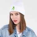 Japanese style white knit frog beanie with cute green embroidery and foldable brim - One Size / White