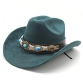 Detail of dark teal felt cowboy hat featuring leather band with turquoise stone accents - M (56-59cm) / Peacock Green Suede
