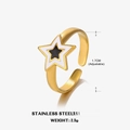 Gold plated stainless steel open ring with white enamel double star and black center star - Size 7 (Adjustable) / Star Style (ZN332G)