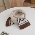 Detail of a beige knit scarf featuring brown and navy blue geometric patterns - Scarf / Coffee
