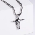 Macro view of a hollowed bull skull pendant necklace in silver stainless steel - Steel Color (No Chain)