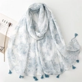 Linen-feel scarf with blue floral print and dark blue tassels on a white background - 180*90CM / White Base Blue Outlined Flower