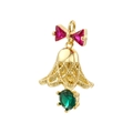 Goldener Weihnachtsglocken-Anhänger mit roter Schleife und grünem Edelstein auf Weiß - Goldene Farbige Diamant Weihnachtsglocke