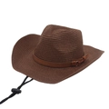 Detail of dark brown raffia cowboy hat featuring woven texture and adjustable wind rope - One Size (Grass) / Coffee (Yellow Rope)