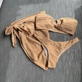 Three-piece bikini set in caramel brown with white polka dots and matching sarong - Coffee