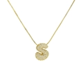 Detailed view of golden balloon letter S pendant with sparkling zircon stones and box chain - Letter S / Gold