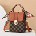 Brown checkerboard crossbody phone bag with floral patterns and silk scarf handle - 13x17x8cm / Earthy Yellow