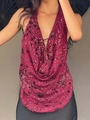 Haut dos nu pailleté bordeaux avec décolleté en V et motif à rayures élégantes - S / Haut Rouge Vin