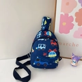 Detail view of children's blue chest bag with cartoon trucks and adjustable strap - Dark Blue