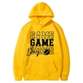 Bright yellow American football hoodie featuring black GAME print and front pocket - S / Tops / Yellow