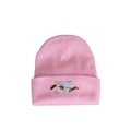 Close-up of pink ribbed knit beanie with classical art print detail on folded cuff - M (56-58cm) / Pink