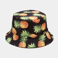 Women's black bucket hat featuring vivid yellow and green all-over pineapple prints - M (56-58cm) / Black Large Pineapple