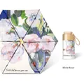 Mini folding sun umbrella with artistic white rose oil painting print and matching cover - Flat 6-Fold Titanium Gold Glue White Rose (Inner Print)
