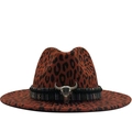 Caramel leopard print wide brim cowboy hat featuring an ethnic band and bull skull detail - M (56-58cm) / Metal Bull Skull Ethnic Woven Band Style / Burgundy