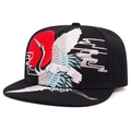 Cappellino da baseball hip hop nero con ricamo di gru e sole in cotone twill di qualità - Regolabile / Nero