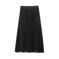 Elegante gonna midi a pieghe nera con discreto motivo a nuvole su tessuto semitrasparente - XS / Gonna Midi a Pieghe