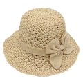 Elegant beige straw sun hat with large bow decoration for stylish summer beach travel - Adjustable / Camel