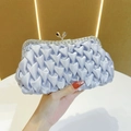 Elegant light blue satin evening clutch bag with sparkling rhinestone metal frame - Silver