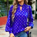 Royal blue long-sleeved women's blouse with gold polka dots and a chic tie-neck design - S / Royal Blue