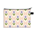 Pink and white striped cosmetic bag with purple floral print and black zipper detail - Purple Flower Stripes (9)