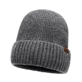 Dark gray thick ribbed knit beanie with brown leather patch for men and women - One Size / Dark Gray