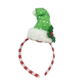 Cerchietto natalizio a righe bianche e rosse con mini cappello di Babbo Natale verde e agrifoglio - Cappello Verde Maculato di Bianco