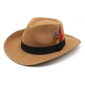 Classic camel wool felt western cowboy hat with decorative feathers on a white background - Khaki