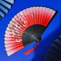 Pink and red gradient folding fan with flower and butterfly patterns on black bamboo - Red Pink Gradient Butterfly