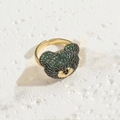 Golden bear head open ring with sparkling green micro-set crystals and black gem accents - Adjustable / Green