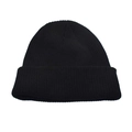 Detailed close-up of black ribbed knit wool blend beanie showing texture and elastic weave - Black