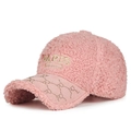 Pink lamb wool baseball cap with Paris embroidery and rhinestone trim - Pink