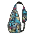 Bolso de pecho negro con estampados de hojas coloridas y correa ajustable al hombro - Estampado de hojas tropicales
