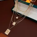 Four-layer gold layered necklace with rectangular hammered pendants and curb chain links - 4# Necklace-Gold Square Plate (6-Piece Set)
