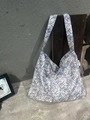 Floral canvas tote bag featuring purple and blue blossom patterns with a side logo tag - Blue Purple Floral Style(61#)