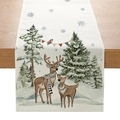 Christmas table runner with watercolor reindeer and cedar trees on linen texture - ZQ036-6 (Watercolor Reindeer)