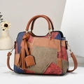 Contrast color patchwork leather handbag with tassel detail and adjustable shoulder strap - Wine Red