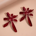 Detailed macro shot of red double-layered floral earrings with glossy painted metal finish - Earrings (Silver Earring Post) / Red